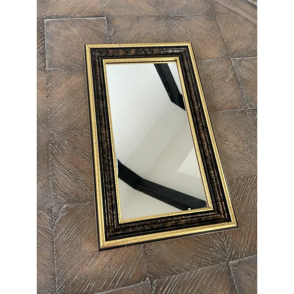 Vtg Gold & Brown Crackle Finish Framed Accent Wall Mirror Rectangle 8.5 x 14.5